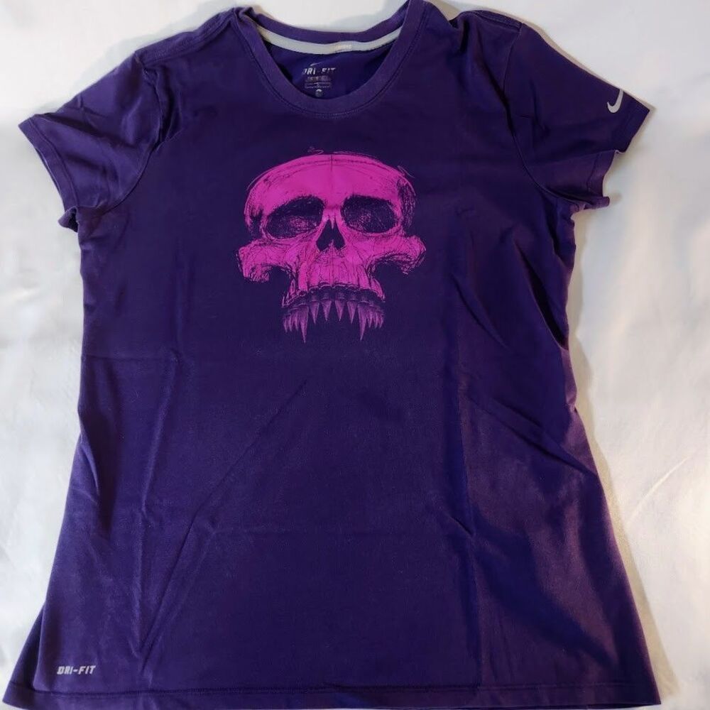 Nike Dri Fit Womens Large Purple Skull Graphic Athletic Shirt Short Sleeve